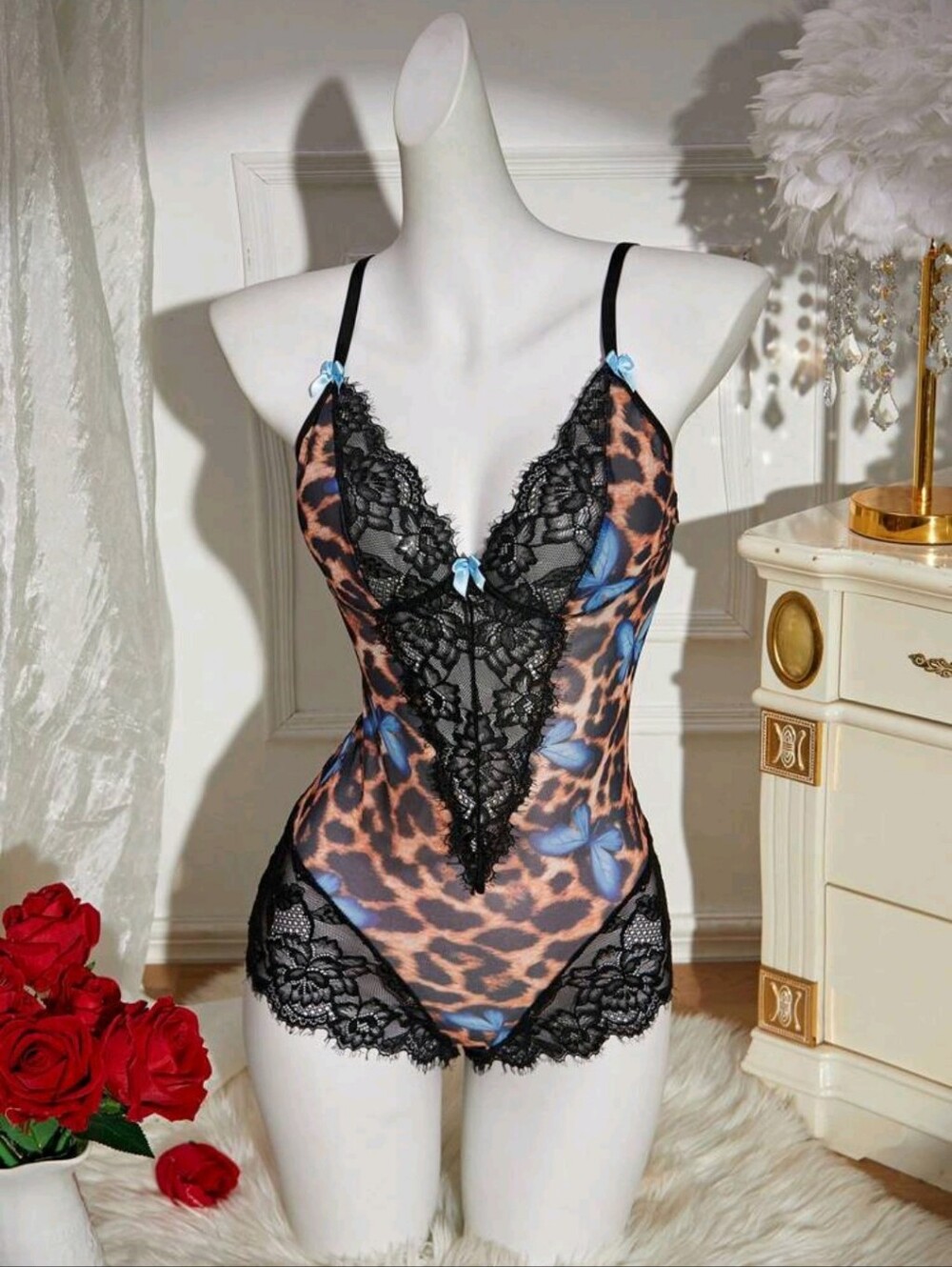Leopard Print Blue Butterfly Lace Lingerie Bodysuit